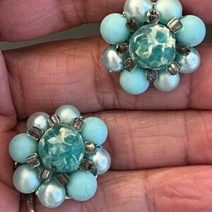 Aqua Blue Beads Vintage 60's Clip On Earrings Easter Egg Center Stone